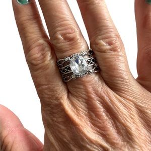 Silver Cutout with Rhinestone Center Stone Ring